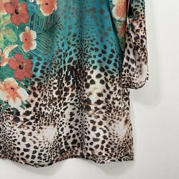Soft Surroundings Animal Tropical Print Chiffon Blouse XL Semi Sheer‎ Roll Tab - Picture 2 of 12